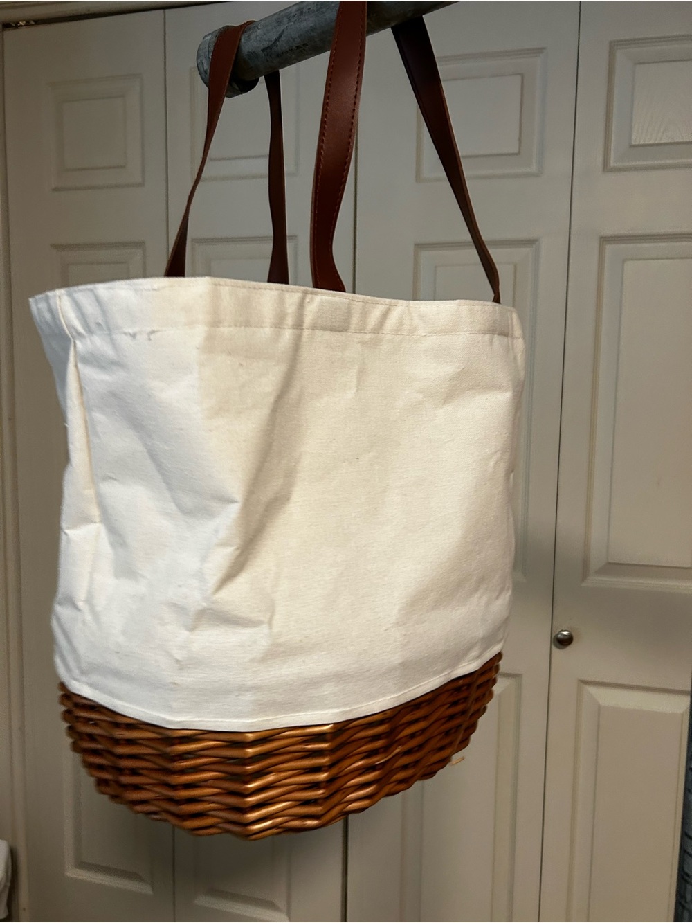 Picnic Time Canvas & Wicker Picnic Basket Tote Bag with Leather Handles